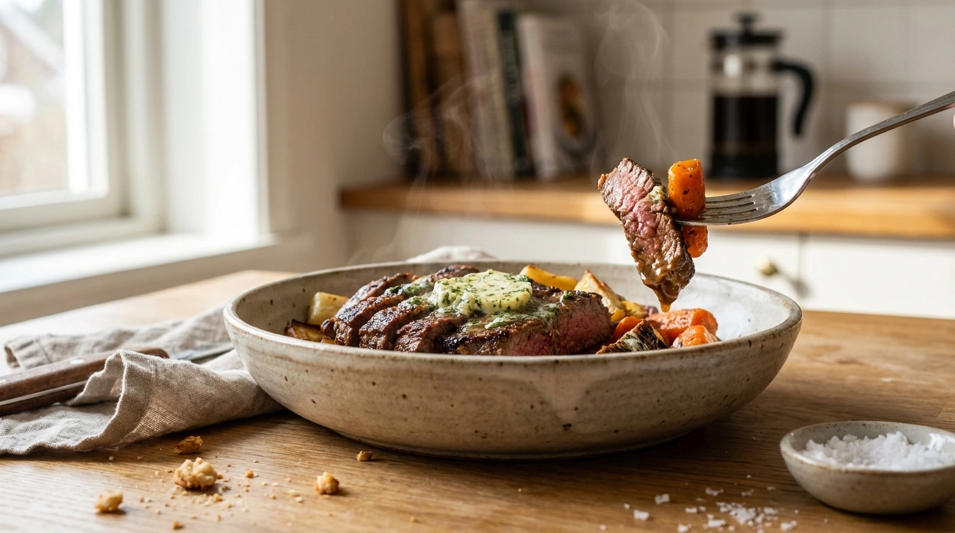 Perfekt Flanksteak i airfryer med hvidløgssmør
